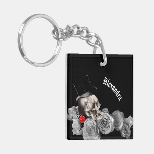 Gothischer Schädel und Rose Schlüsselanhänger (Vorderseite links)