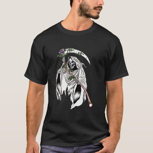 Gothischer Sensenmann mit lila Rose T-Shirt (Vorderseite)