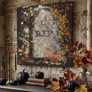 Gothischer Vintage R.I.P. Grabstein und Herbstlaub Leinwanddruck