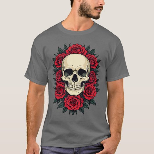 Gothisches Kranium umgeben von Rote Rosen T-Shirt (Vorderseite)