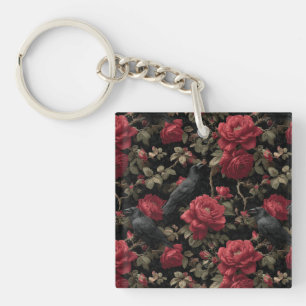 Gothisches Muster mit roten Rosen und Krähen Schlüsselanhänger