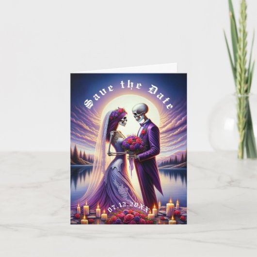 Gothisches Skelett-Paar rote Rosen Save the Date Ankündigung (Vorderseite)