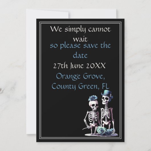 Gotisch, schwarz, Skelett Save the Date Einladung (Rückseite)