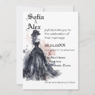 Gotische Aquarell-Blumen-Hochzeit in Schwarz Einladung