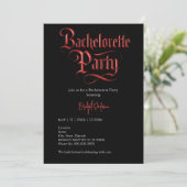 gotische Bachelorette Red Metallic Script auf Blac Einladung (Stehend Vorderseite)
