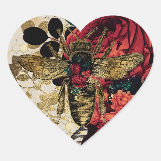Gotische Bienen und Rose Herz-Aufkleber (Vorderseite)