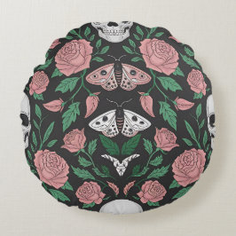 Gotische Blumen- und Schädelmuster mit Motten Rundes Kissen