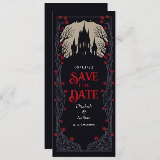 Gotische Burg Blumenhochzeit Sichern Datum Einladung (Vorne/Hinten)