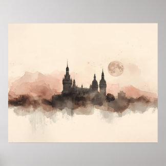 Gotische Burg Silhouette Mondlicht Aquarell Kunst Poster
