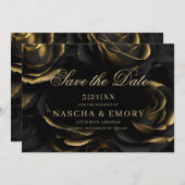 Gotische Elegante Black & Gold Rose Dunkle Hochzei Save The Date (Vorne/Hinten)