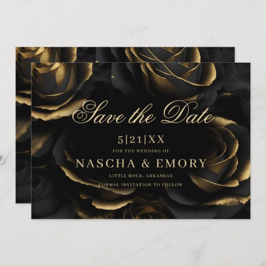 Gotische Elegante Black & Gold Rose Dunkle Hochzei Save The Date (Vorne/Hinten)