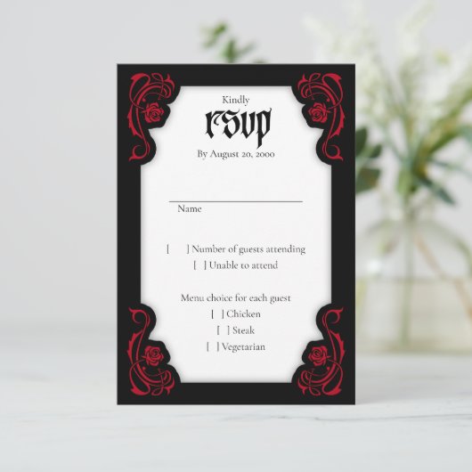 Gotische Elegante Rose Hochzeit RSVP Karte (Stehend Vorderseite)