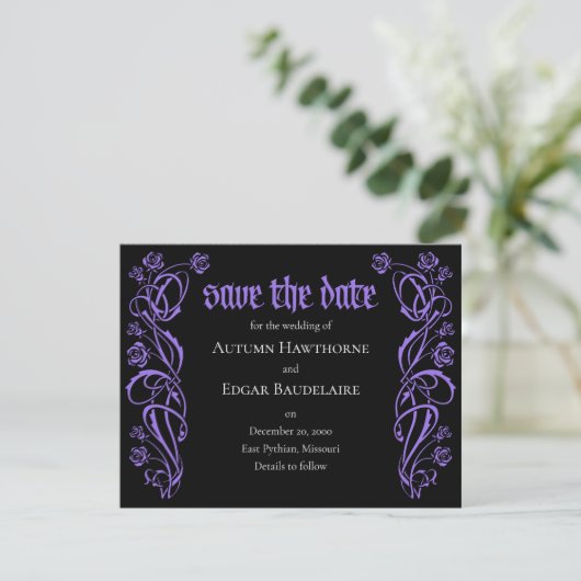 Gotische Elegante Rose Hochzeit Save The Date (Stehend Vorderseite)