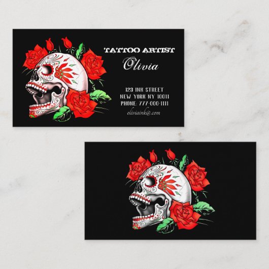 Gotische Elegante Skull und Rote Rosen Visitenkart Visitenkarte (Vorne/Hinten)