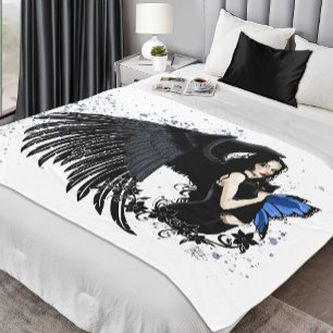 Gotische Engelsflügel Schwarze Katze Blaue Fee Fleecedecke