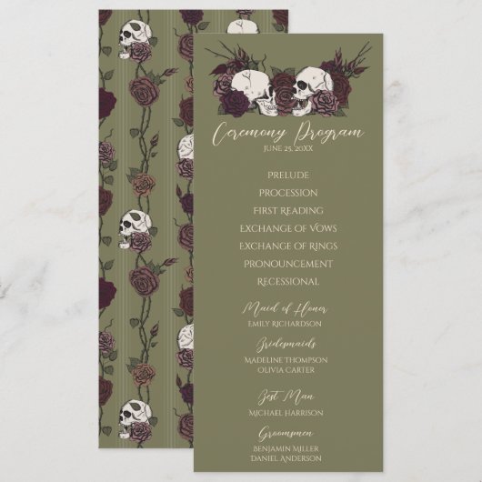 Gotische florale olivgrüne Hochzeitsprogrammkarte (Vorne/Hinten)