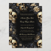 Gotische Goldene Skulls & Blume Hochzeit Einladung (Vorne/Hinten)