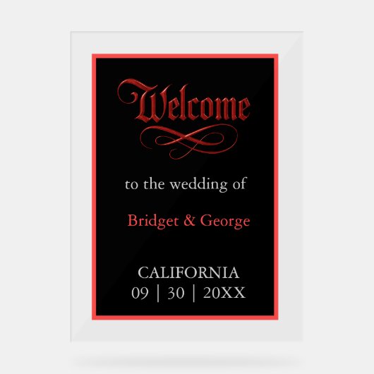 gotische Hochzeit Begrüßung Red Metallic Script Acrylschild (Vorderseite)