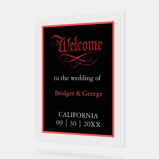 gotische Hochzeit Begrüßung Red Metallic Script Acrylschild (Winkel)