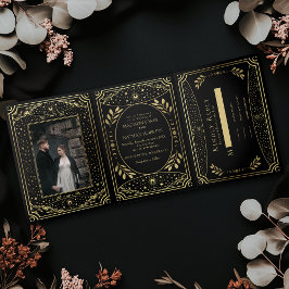 Gotische Hochzeit des Vintagen Tarots Gold Dreifach Gefaltete Einladung
