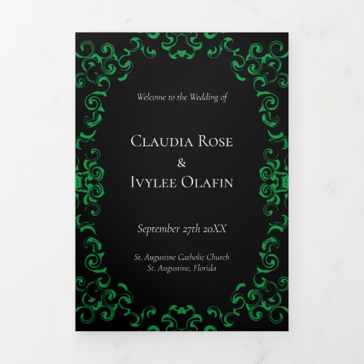 Gotische Hochzeit grün und schwarz Dreifach-gefaltete Programmkarte (Cover)