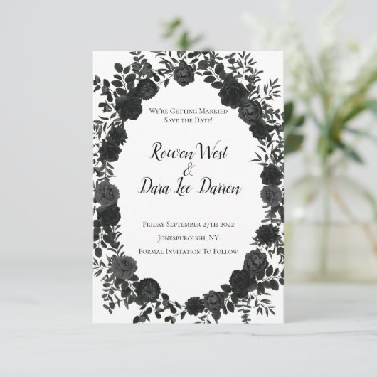 Gotische Hochzeit in Weiß und Schwarz-Rose speiche Einladung (Stehend Vorderseite)