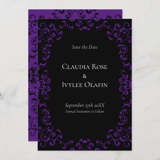 Gotische Hochzeit lila & schwarz Einladung (Vorne/Hinten)