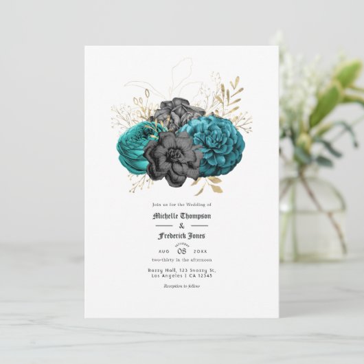 Gotische Hochzeit mit aquamariner, schwarzer und g Einladung (Stehend Vorderseite)