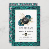Gotische Hochzeit mit aquamariner, schwarzer und g Save The Date (Vorne/Hinten)