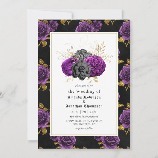 Gotische Hochzeit mit lila, schwarzer und goldblüt Einladung (Vorderseite)