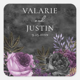 Gotische Hochzeit mit Lila und schwarzer Flora Quadratischer Aufkleber