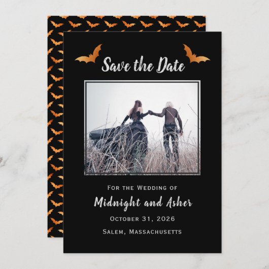 Gotische Hochzeit mit schwarzem Halloween spart da Save The Date (Vorne/Hinten)