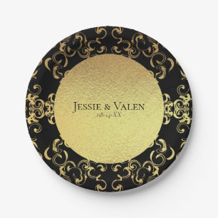 Gotische Hochzeit mit schwarzem Swirl Pappteller