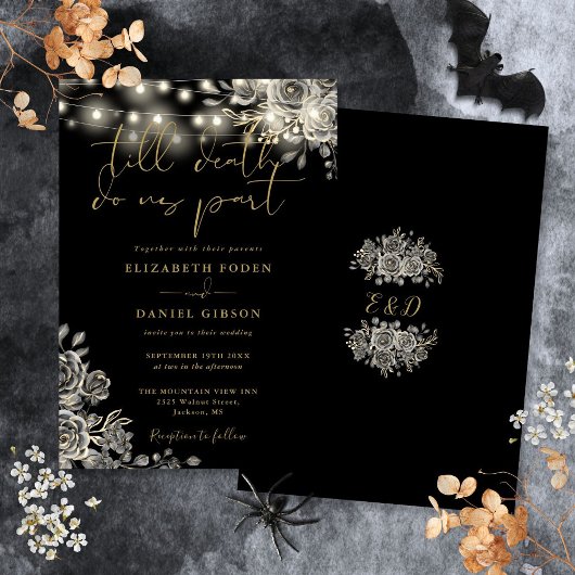 Gotische Hochzeit mit schwarzen und goldenen Rosen Einladung