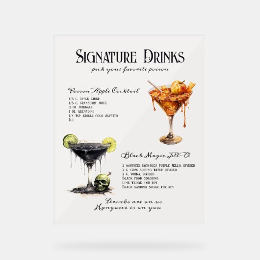 Gotische Hochzeit Whimsigoth Signature Drinks unte Acrylschild (Vorderseite)