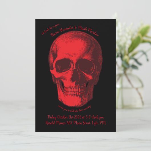 Gotische Hochzeitseinladung mit schwarzem und rote Einladung (Stehend Vorderseite)