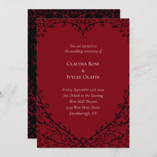 Gotische Hochzeitseinladung Rot und Schwarzes Herz Einladung (Vorne/Hinten)