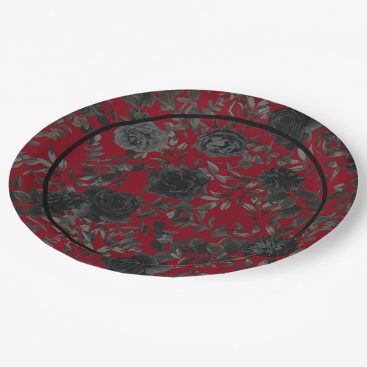 Gotische Hochzeitspapier-Teller in Rot und Schwarz Pappteller (Schrägansicht)
