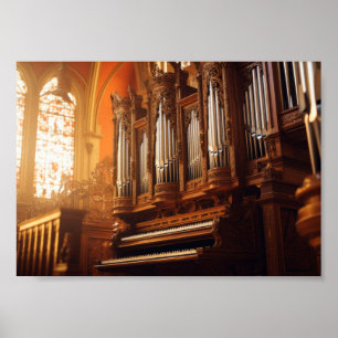Gotische Kathedralen-Orgel mit warmer Sonnenlicht  Poster