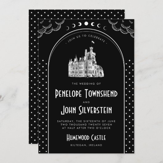 Gotische Kunst-Deco Schwarz-weißes Schloss Einladung (Vorne/Hinten)