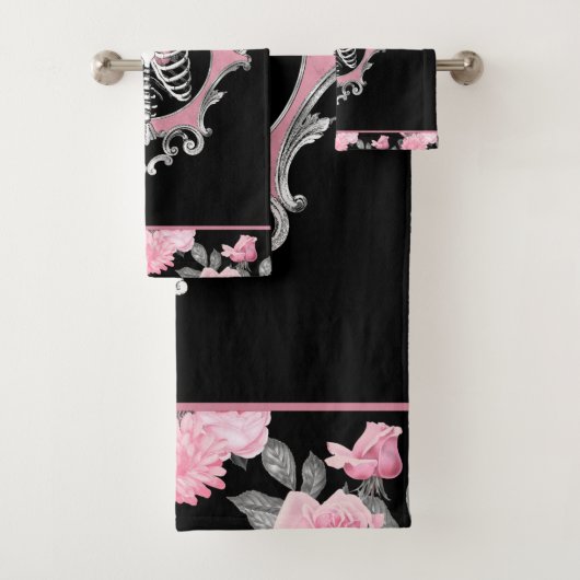 Gotische Liebe | Rosa und schwarze Skelette Herz B Badhandtuch Set (Insitu)