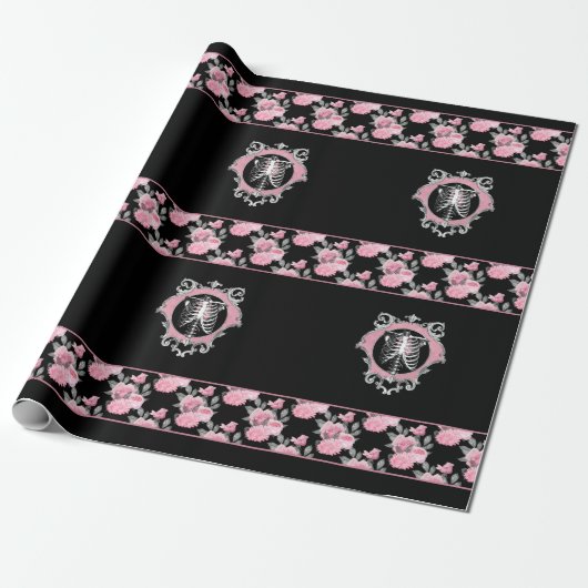 Gotische Liebe | Rosa und schwarze Skelette Herz B Geschenkpapier (Ungerollt)