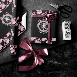 Gotische Liebe | Rosa und schwarze Skelette Herz B Geschenkpapier