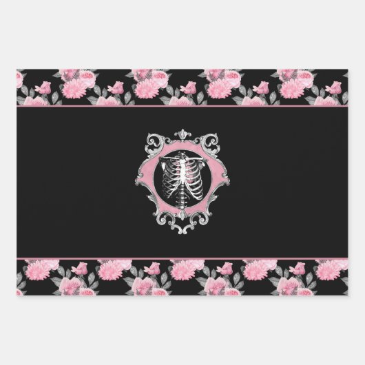 Gotische Liebe | Rosa und schwarze Skelette Herz B Geschenkpapier Set (Vorderseite)