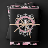 Gotische Liebe | Rosa und schwarze Skelette Herz B Geschenkpapier Set