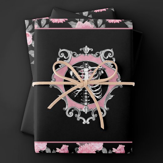 Gotische Liebe | Rosa und schwarze Skelette Herz B Geschenkpapier Set