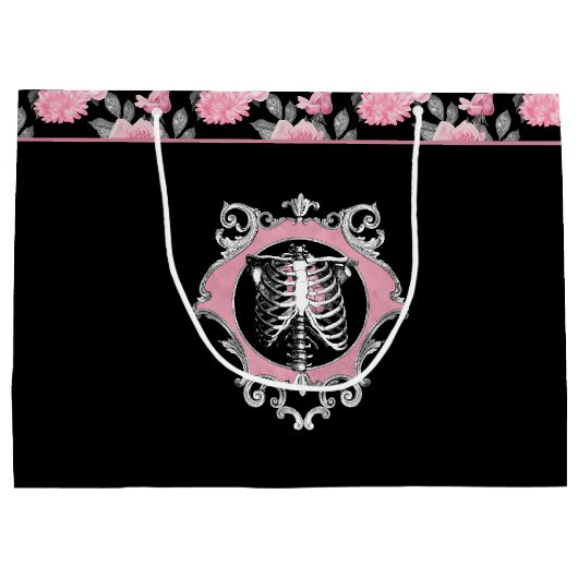 Gotische Liebe | Rosa und schwarze Skelette Herz B Große Geschenktüte (Rückseite)