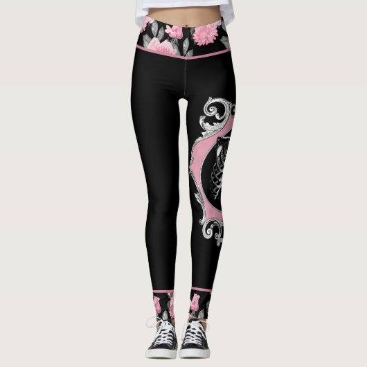 Gotische Liebe | Rosa und schwarze Skelette Herz B Leggings (Vorderseite)