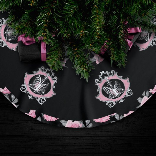 Gotische Liebe | Rosa und schwarze Skelette Herz B Polyester Weihnachtsbaumdecke