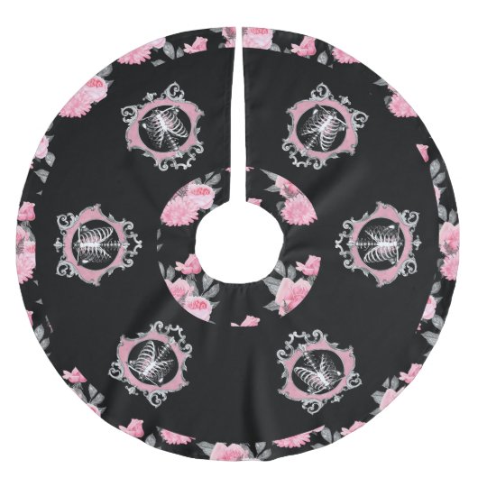 Gotische Liebe | Rosa und schwarze Skelette Herz B Polyester Weihnachtsbaumdecke (Vorderseite)